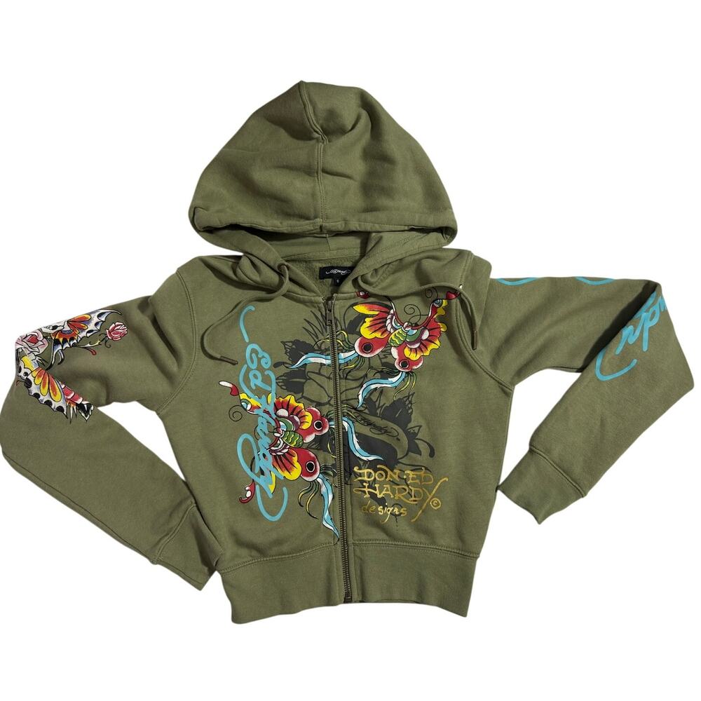 ED HARDY “Butterflies” Sage Cropped Zip Up Hoodie Green Small
